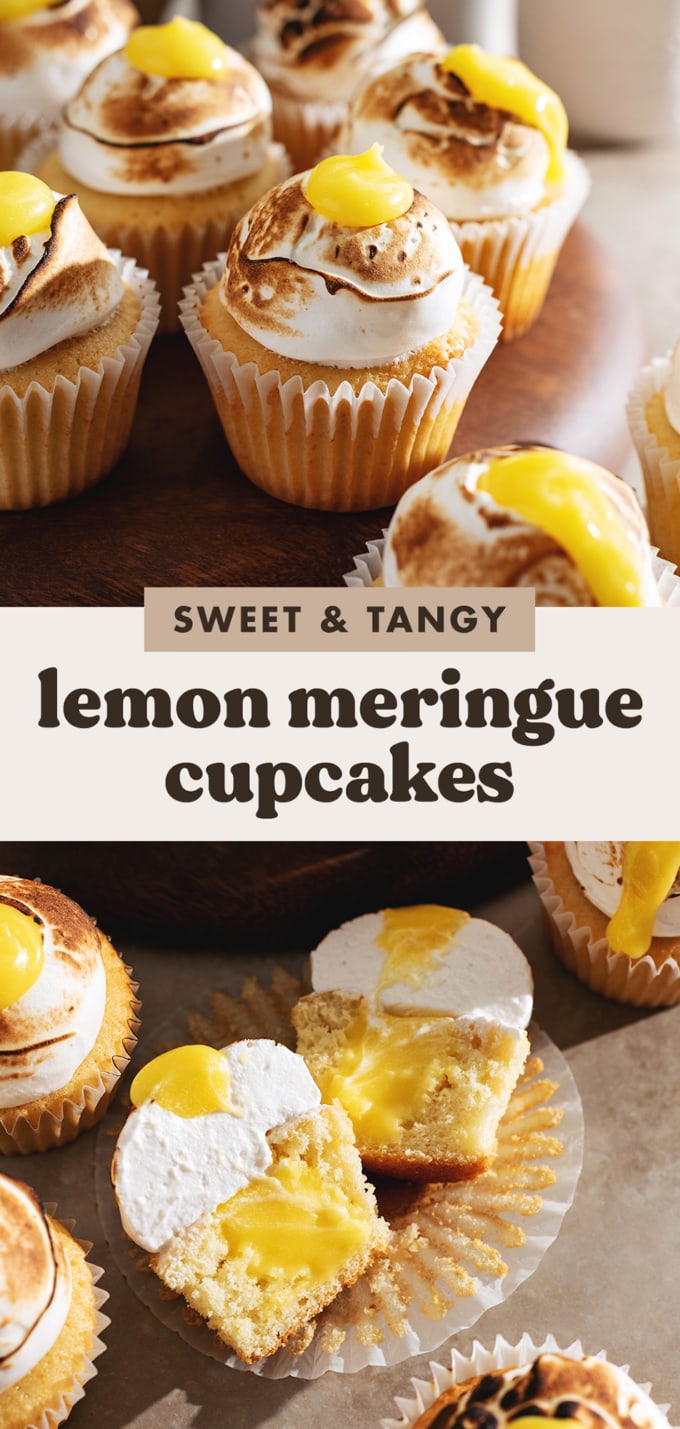 Two images of lemon meringue cupcakes with a text overlay that reads "sweet and tangy lemon meringue cupcakes".
