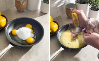 Left to right: eggs and sugar in a pan, hand squeezing juice from a lemon over a sieve into a pan of eggs and sugar.