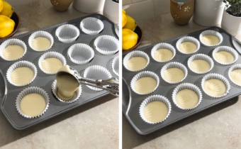 Left to right: dropping batter into a cupcake liner from a cookie scoop, pan filled with cupcake batter.