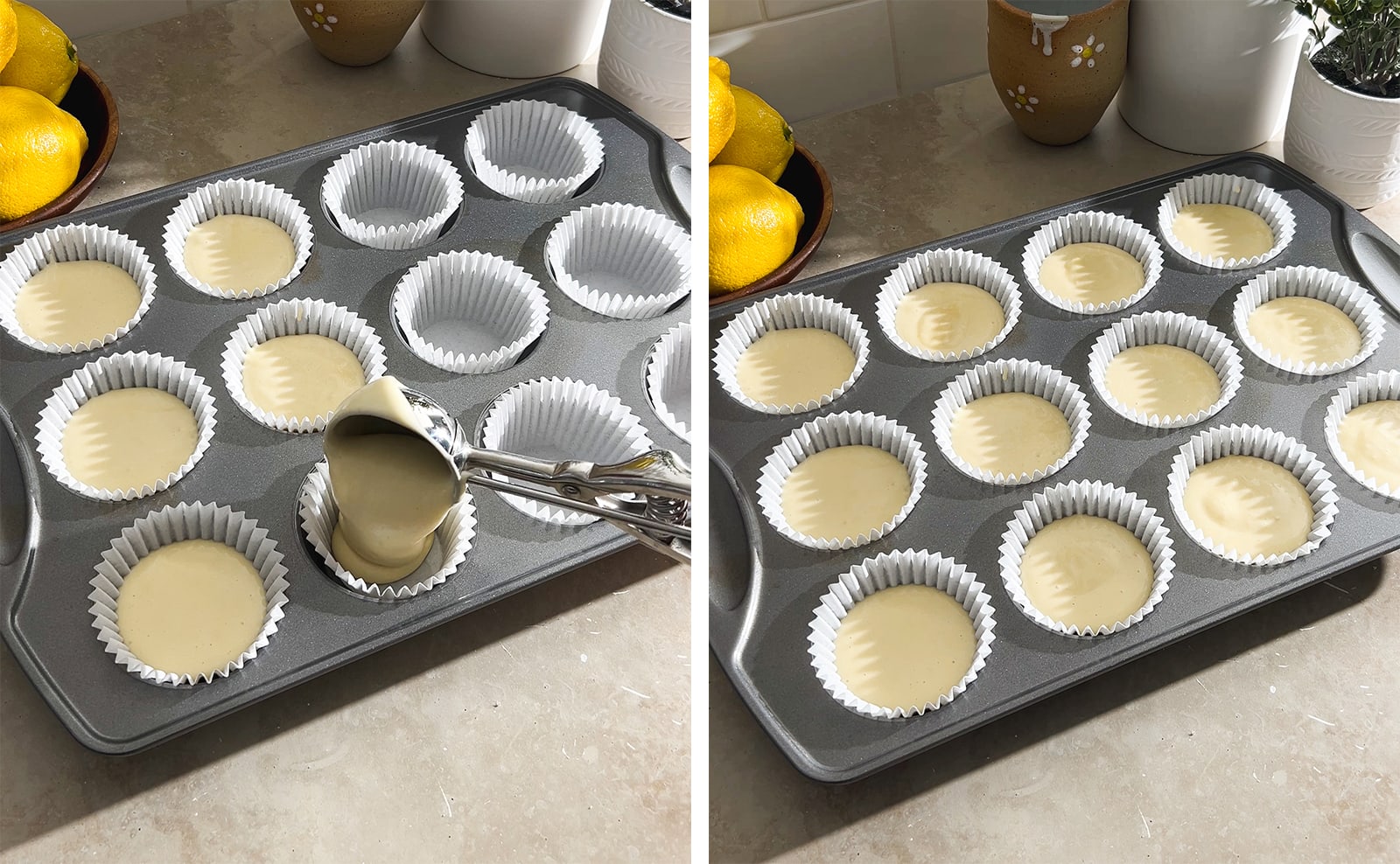 Left to right: dropping batter into a cupcake liner from a cookie scoop, pan filled with cupcake batter.