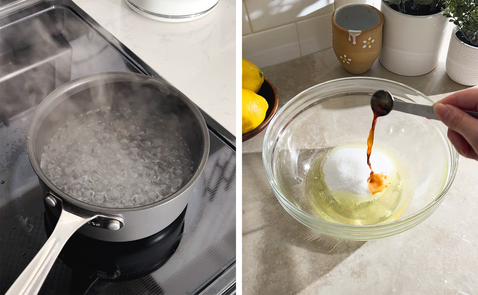 Left to right: water boiling in a pot on a stove, pouring vanilla extract into a bowl of egg whites and sugar.