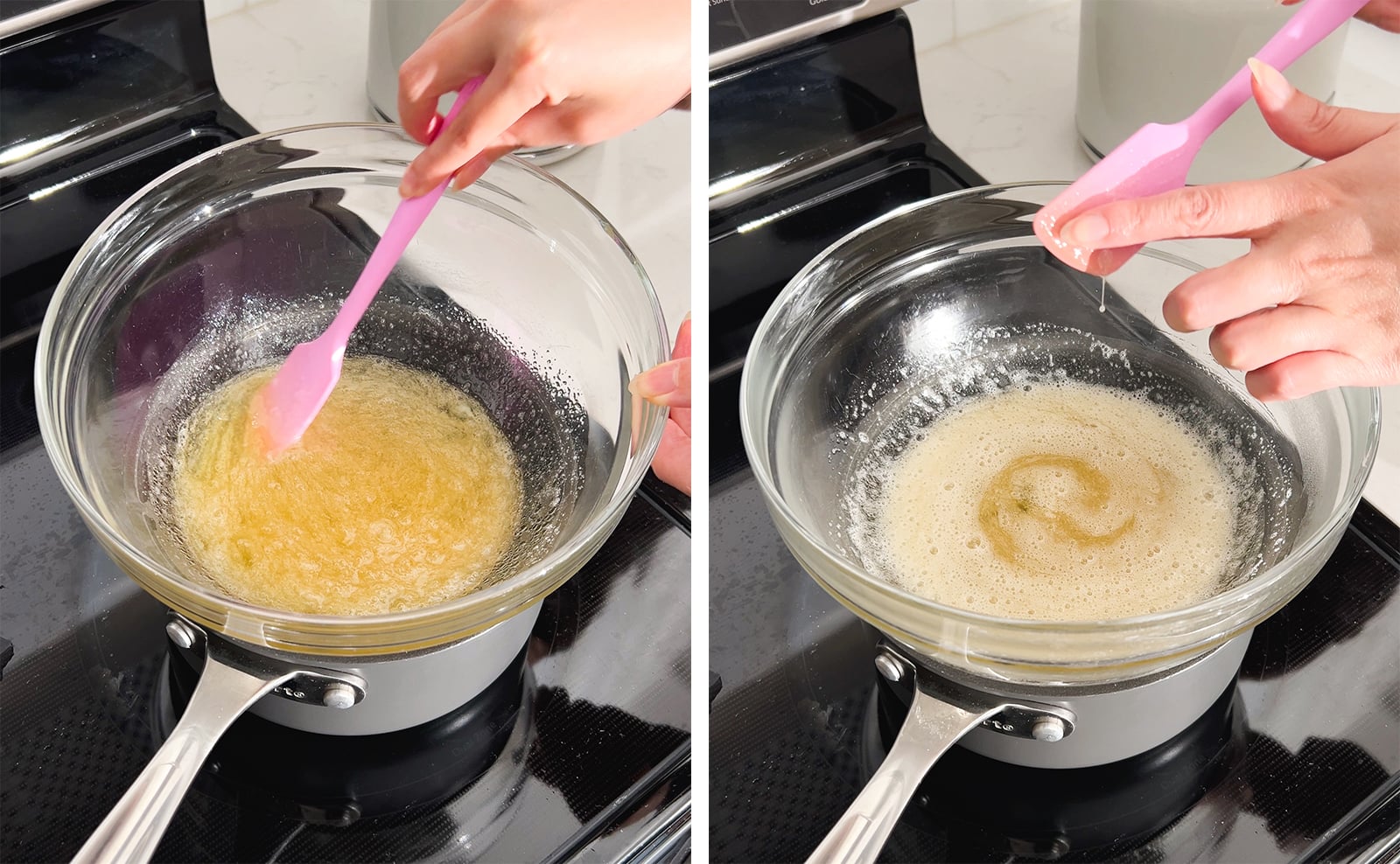 Left to right: stirring egg whites and sugar in a bowl on a double boiler, finger rubbing egg white mixture on spatula to check for grittiness.