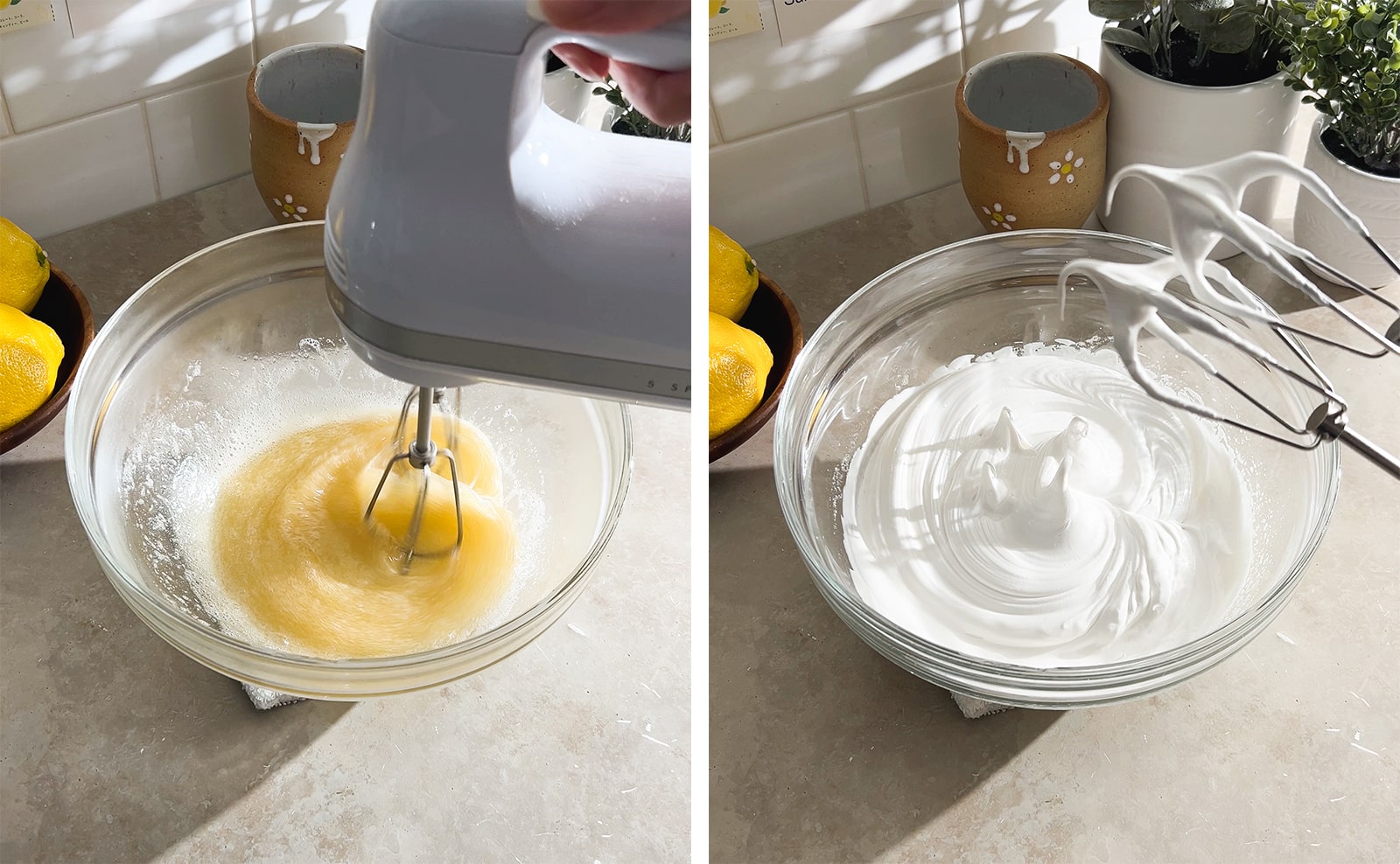Left to right: beating egg white mixture with a hand mixer, stiff peaks of meringue in bowl and on the beaters.