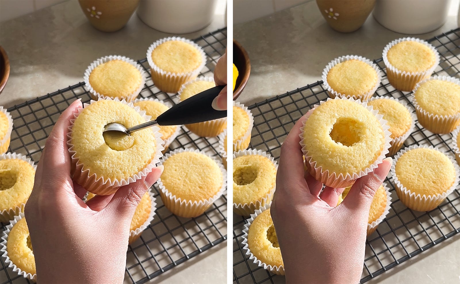 Left to right: scooping out the middle of a cupcake with a melon baller, hand holding a cupcake with a hole in the middle.