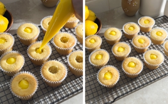 Left to right: piping lemon curd into the hole in a cupcake, cupcakes on a wire rack filled with lemon curd.