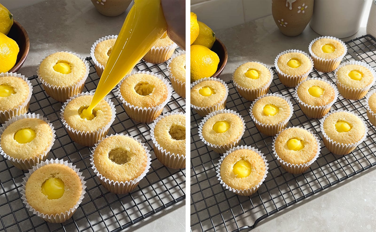 Left to right: piping lemon curd into the hole in a cupcake, cupcakes on a wire rack filled with lemon curd.