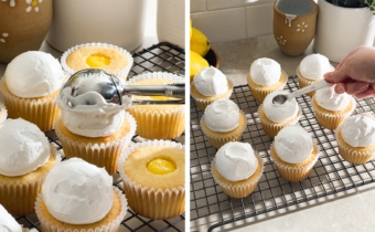 Left to right: placing a scoop of meringue on top of a cupcake with a cookie scooper, pressing a spoon on top of meringue to make a depression.