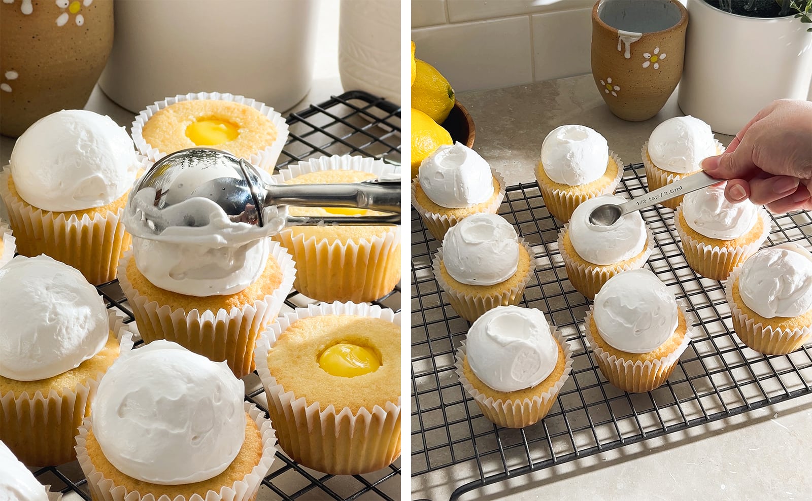 Left to right: placing a scoop of meringue on top of a cupcake with a cookie scooper, pressing a spoon on top of meringue to make a depression.