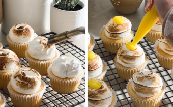 Left to right: toasting meringue on a cupcake with a kitchen torch, piping lemon curd on top of meringue frosting on a cupcake.