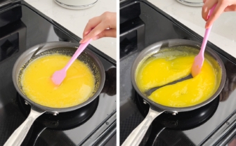 Left to right: hand stirring lemon curd mixture in a pan before it's fully cooked, hand dragging a spatula through lemon curd to show how it parts down the middle.