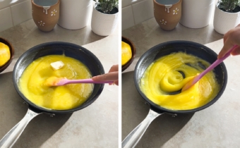 Left to right: hand holding a spatula in a pan of lemon curd with a cube of butter on the surface, stirring lemon curd with a spatula.