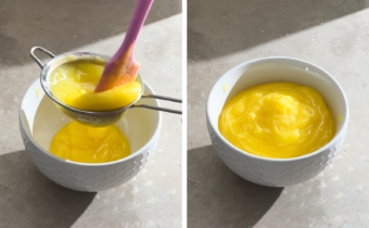 Left to right: pushing lemon curd through a sieve into a bowl with a spatula, a small bowl full of strained lemon curd.