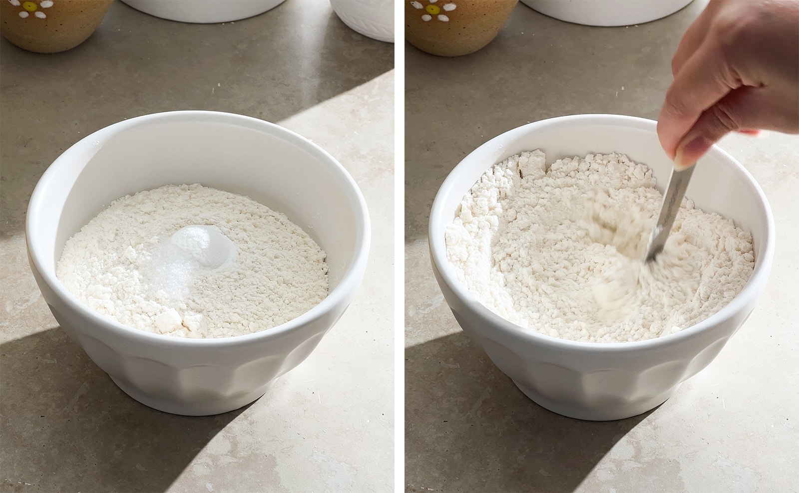 Left to right: a bowl of dry ingredients, hand stirring dry ingredients with a spoon.