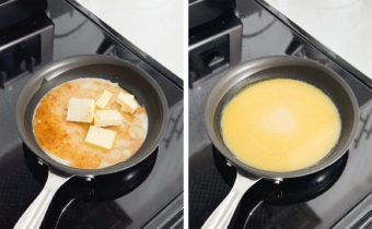 Left to right: cubes of butter and milk in a pan on a stove, melted butter and milk in a pan on a stove.