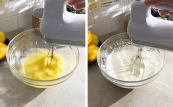 Left to right: beating eggs and sugar with a hand mixer, hand mixer beating eggs until white and fluffy.