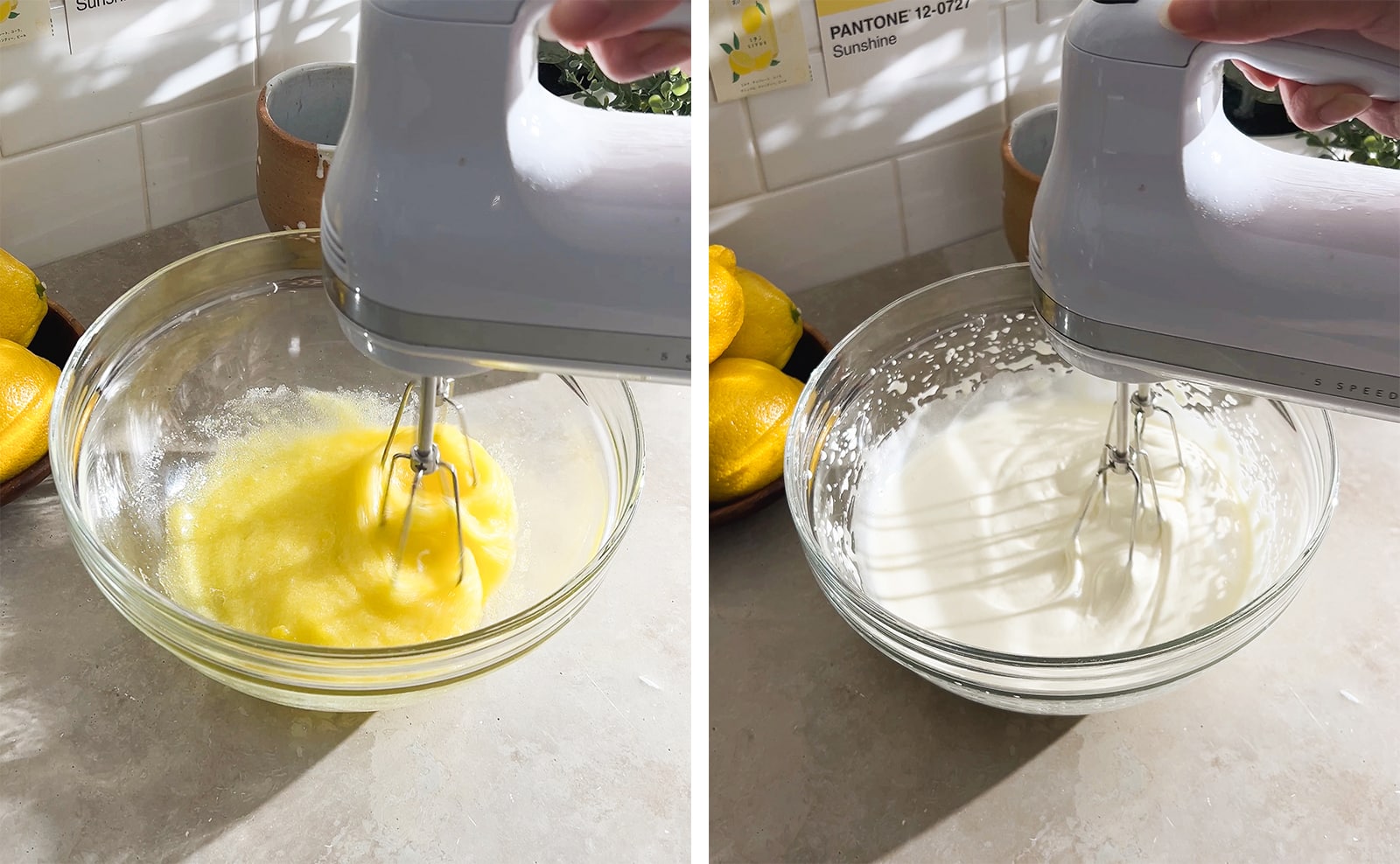 Left to right: beating eggs and sugar with a hand mixer, hand mixer beating eggs until white and fluffy.