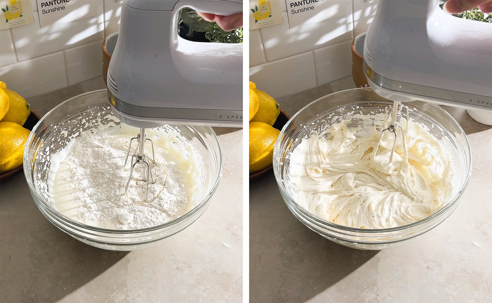 Left to right: flour in a bowl of beaten eggs, mixing flour into egg mixture with a hand mixer.
