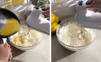 Left to right: pouring hot milk mixture into egg mixture while mixing with a hand mixer, mixing cupcake batter with a hand mixer.