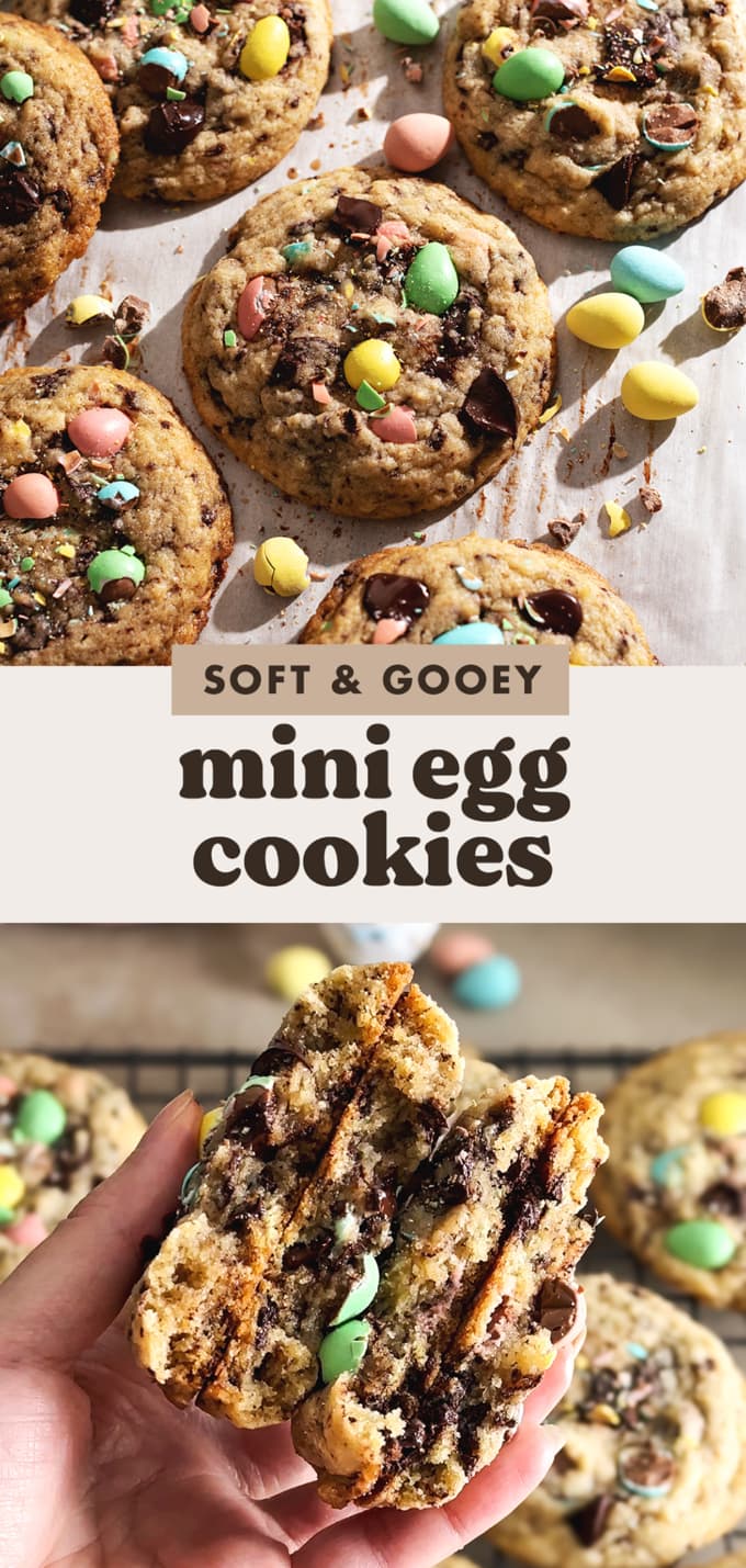 Two images of mini egg cookies with a text overlay that reads "soft and gooey mini egg cookies".