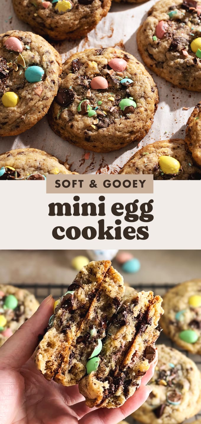 Two images of mini egg cookies with a text overlay that reads "soft and gooey mini egg cookies".