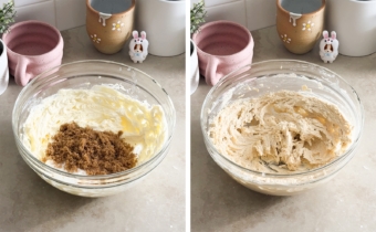 Left to right: white and brown sugar in a bowl of creamed butter, butter and sugar creamed together in a mixing bowl.