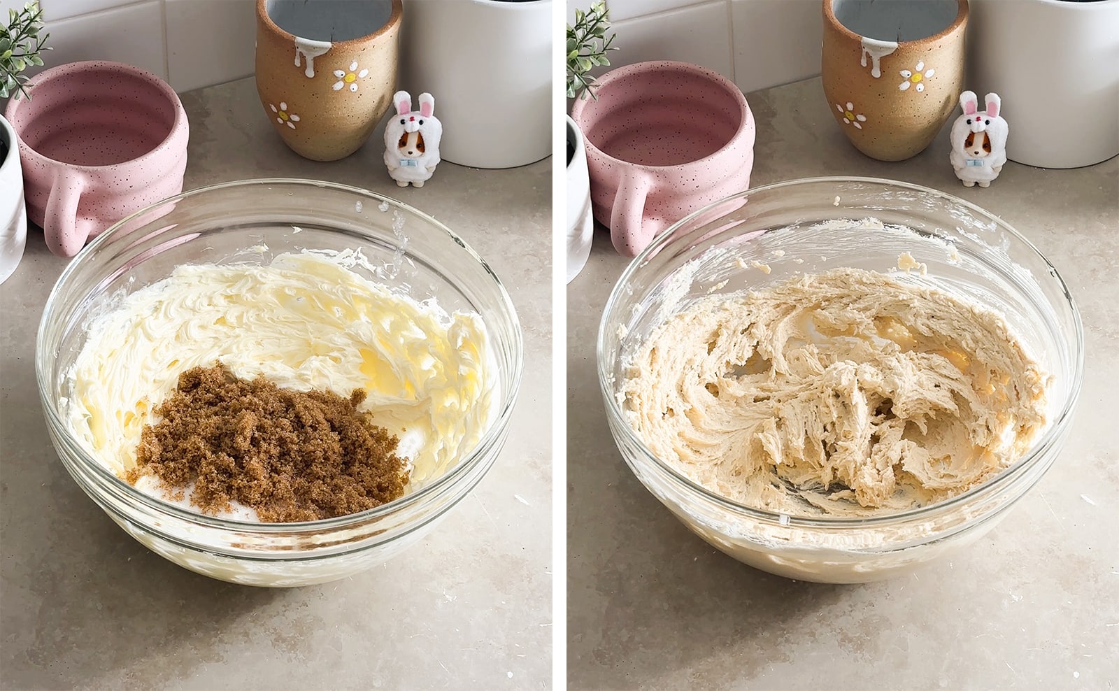 Left to right: white and brown sugar in a bowl of creamed butter, butter and sugar creamed together in a mixing bowl.