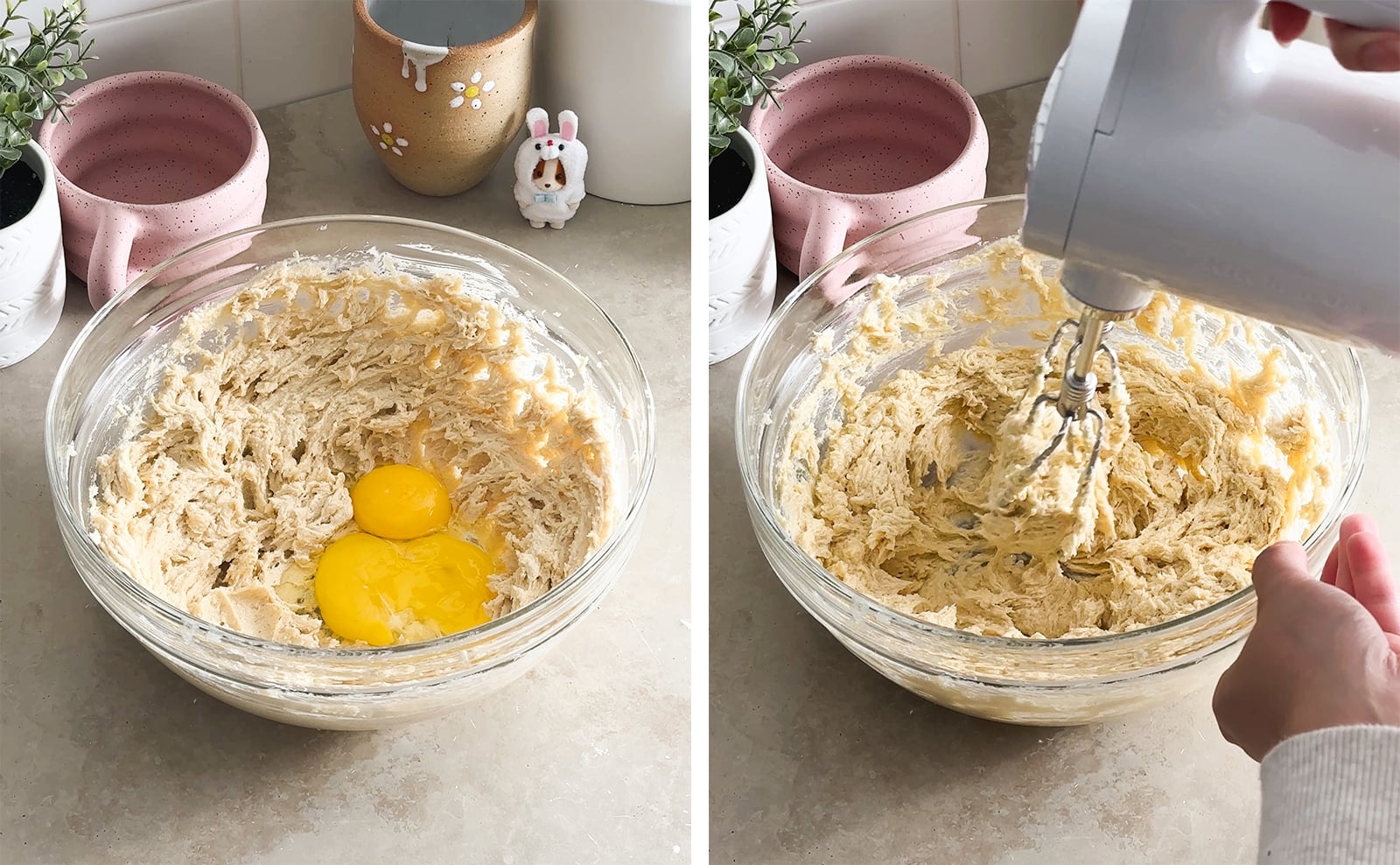 Left to right: eggs in a bowl of creamed butter and sugar, mixing batter with a hand mixer.