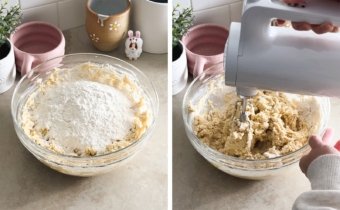 Left to right: flour in a bowl of wet ingredients, mixing cookie dough in a bowl with a hand mixer.