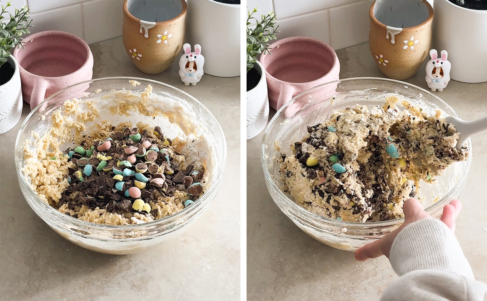 Left to right: mini eggs and chocolate chunks in a bowl of cookie dough, mixing chocolate into cookie dough with a spatula.