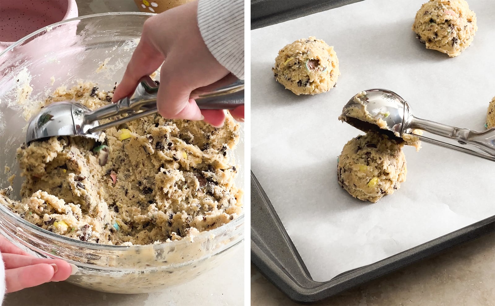 Left to right: scooping cookie dough with a cookie scooper, releasing a ball of cookie dough on a baking sheet.