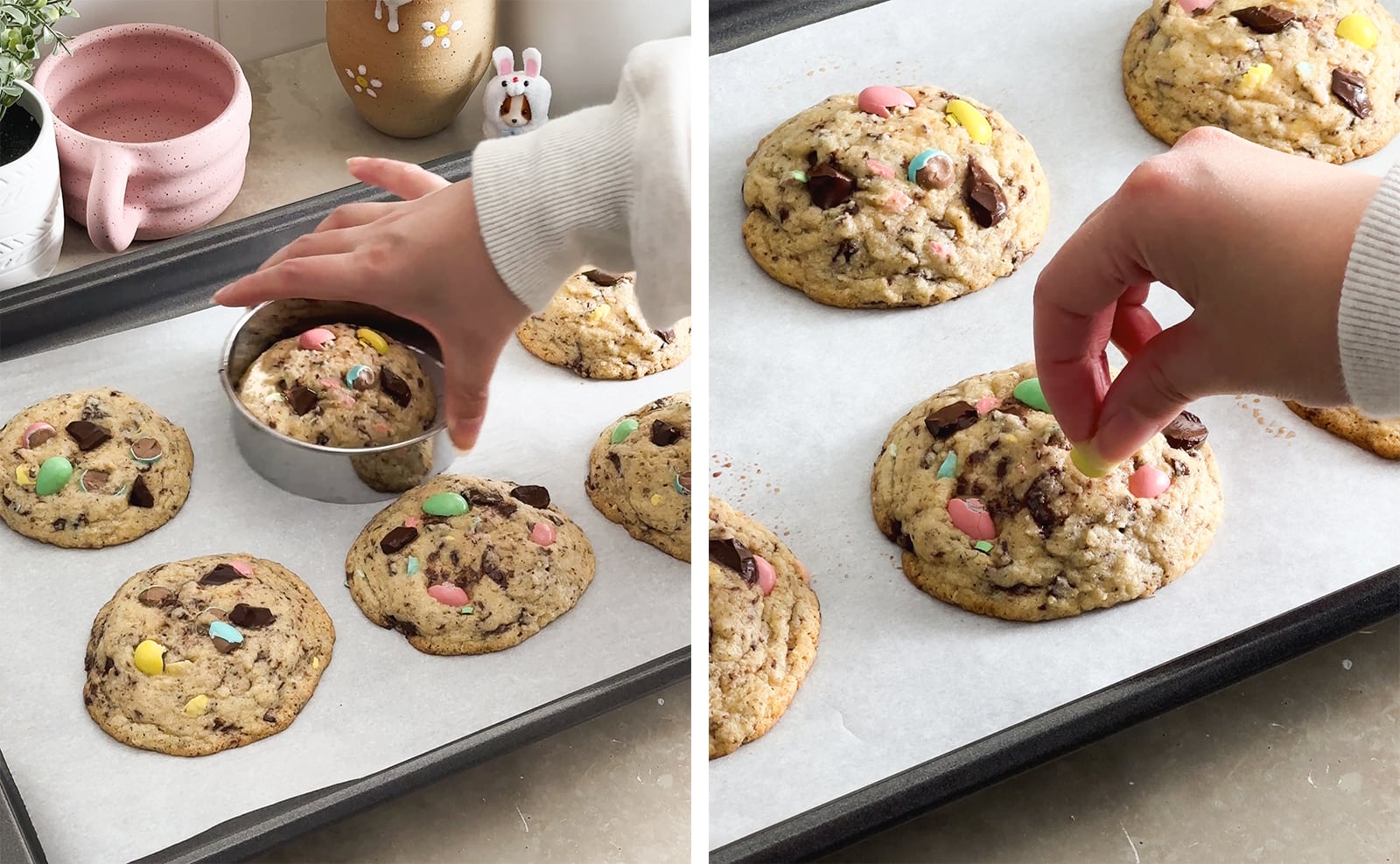 Left to right: swirling baked mini egg cookies with a round cookie cutter on a baking tray, hand pressing mini eggs on top of baked cookies.