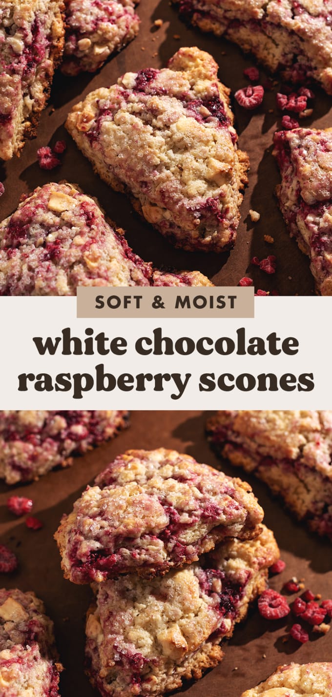 Two images of white chocolate raspberry scones with a text overlay that reads "soft and moist white chocolate raspberry scones".