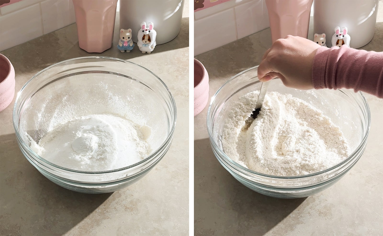 Left to right: dry ingredients in a bowl, hand stirring dry ingredients in a bowl with a spoon.