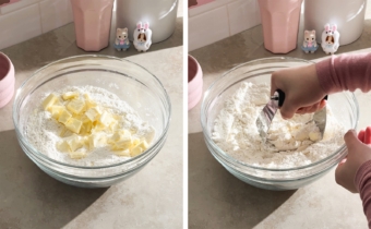 Left to right: cubes of butter in a bowl of flour, cutting butter into flour with a dough blender.