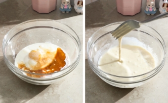 Left to right: wet ingredients in a bowl, mixed wet ingredients dripping off a fork into a bowl.