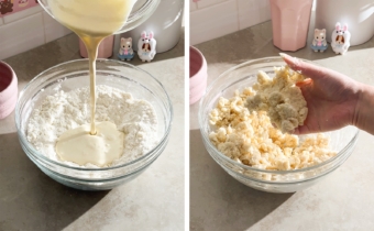 Left to right: pouring wet mixture into bowl of flour, hand holding a clump of dough above the mixing bowl.