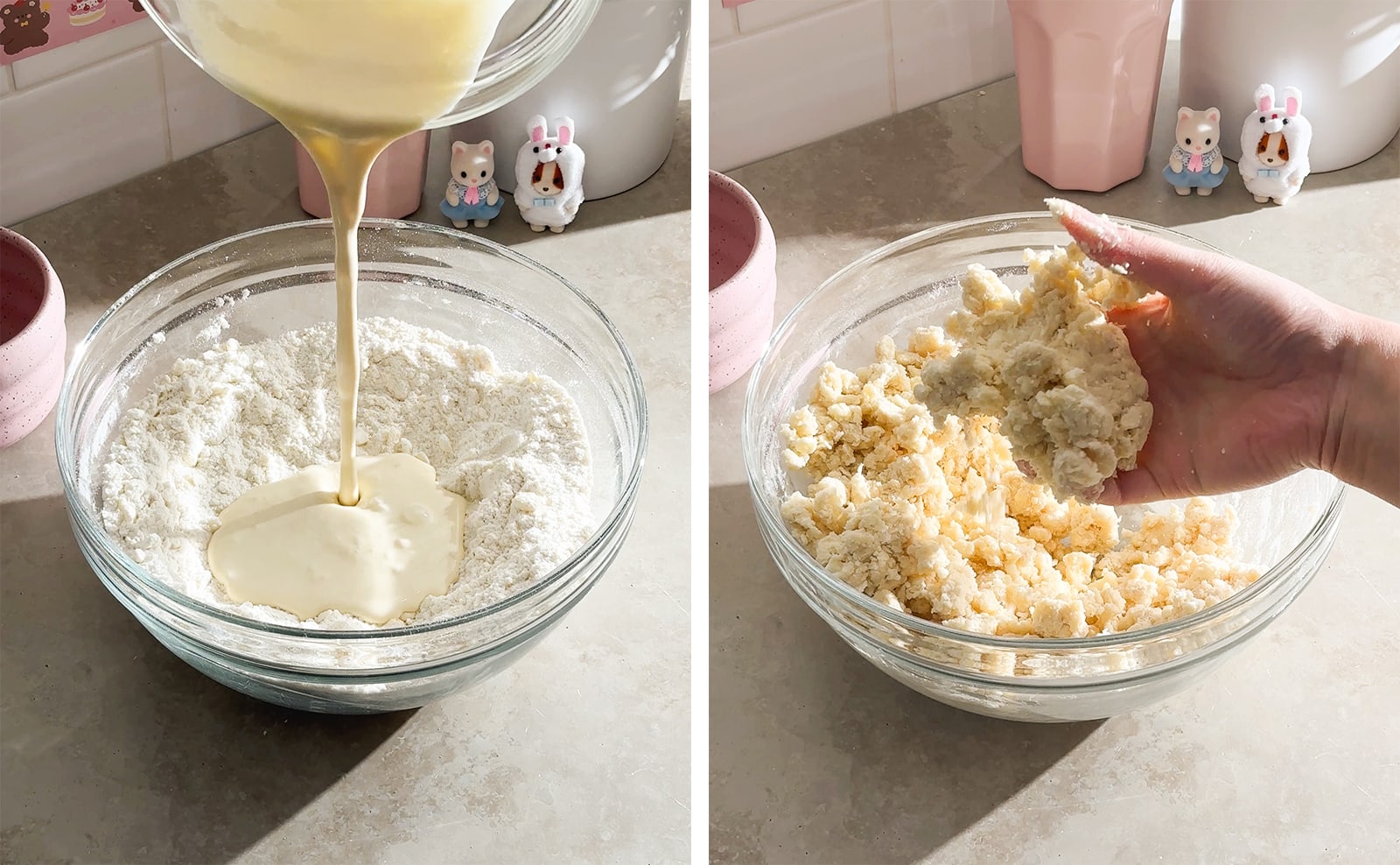Left to right: pouring wet mixture into bowl of flour, hand holding a clump of dough above the mixing bowl.