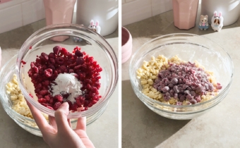 Left to right: hand holding a bowl of raspberries with a spoonful of flour on top, raspberries coated in flour in a bowl of dough.