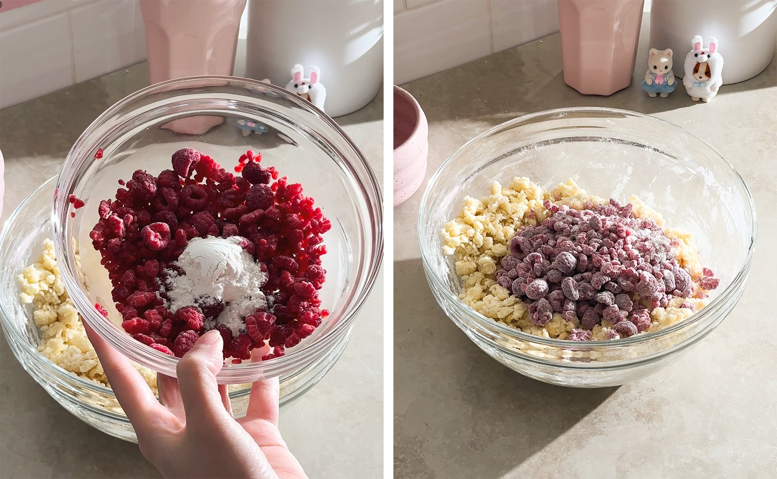 Left to right: hand holding a bowl of raspberries with a spoonful of flour on top, raspberries coated in flour in a bowl of dough.