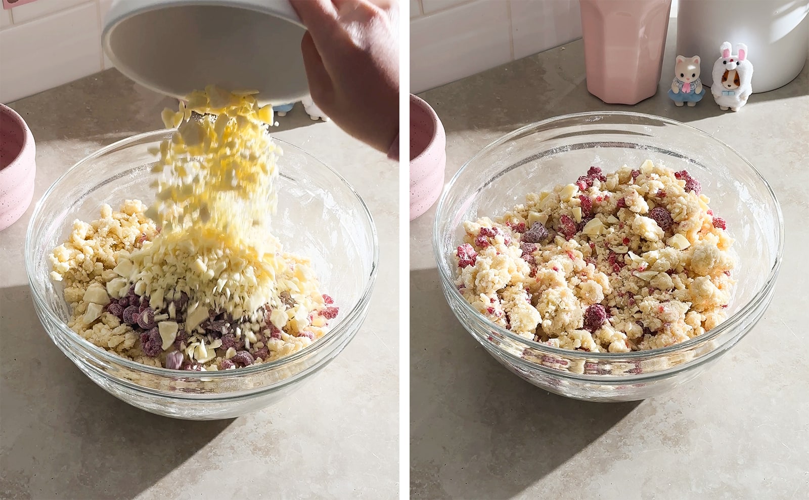 Left to right: pouring white chocolate chunks into a bowl of scone dough, dough mixed with raspberries and white chocolate.