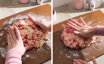 Left to right: hands pressing dough together, hand pressing down on disc of scone dough.