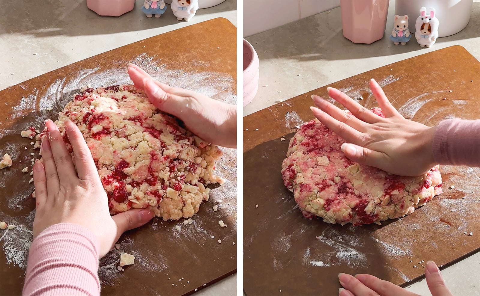 Left to right: hands pressing dough together, hand pressing down on disc of scone dough.