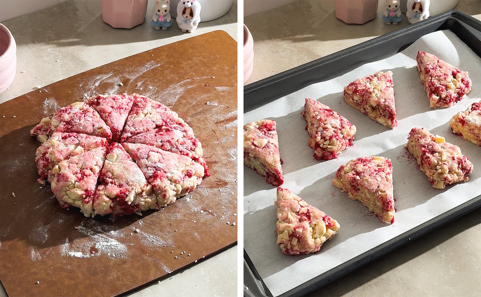 Left to right: scone dough cut into eight wedges on a cutting board, wedges of scone dough lined up on a baking sheet.