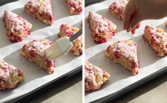 Left to right: brushing an unbaked scone with heavy cream, hand sprinkling scone with coarse sugar crystals.
