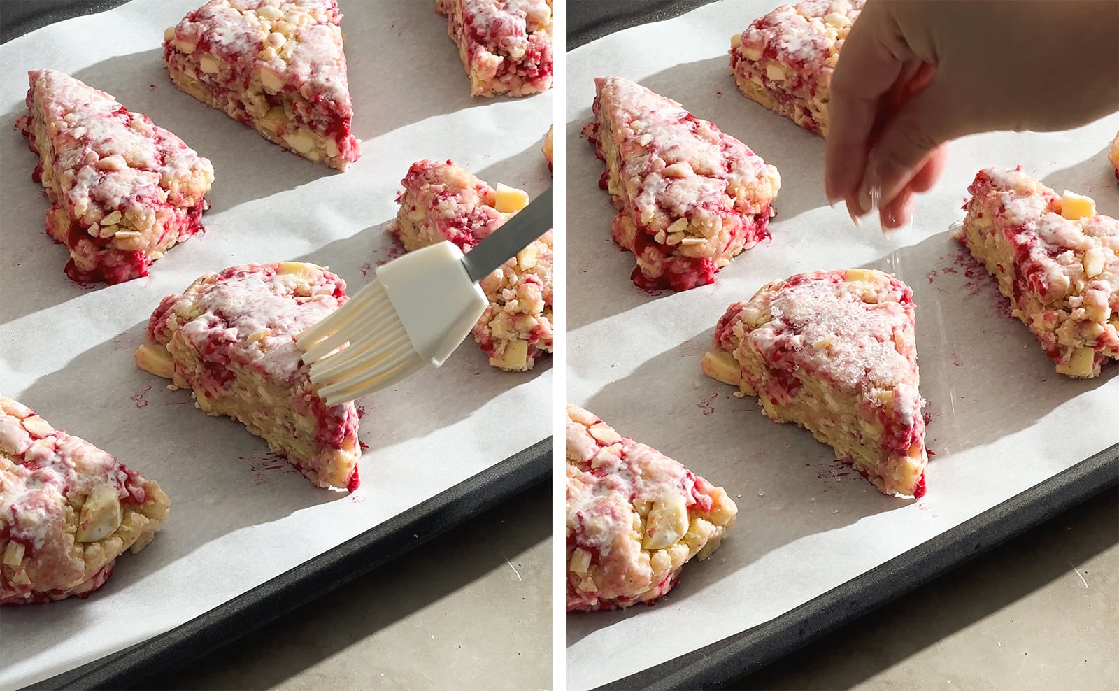 Left to right: brushing an unbaked scone with heavy cream, hand sprinkling scone with coarse sugar crystals.