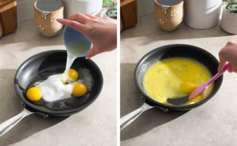 Left to right: hand pouring lemon juice into a pan of eggs and sugar, stirring lemon curd ingredients in a pan with a spatula.