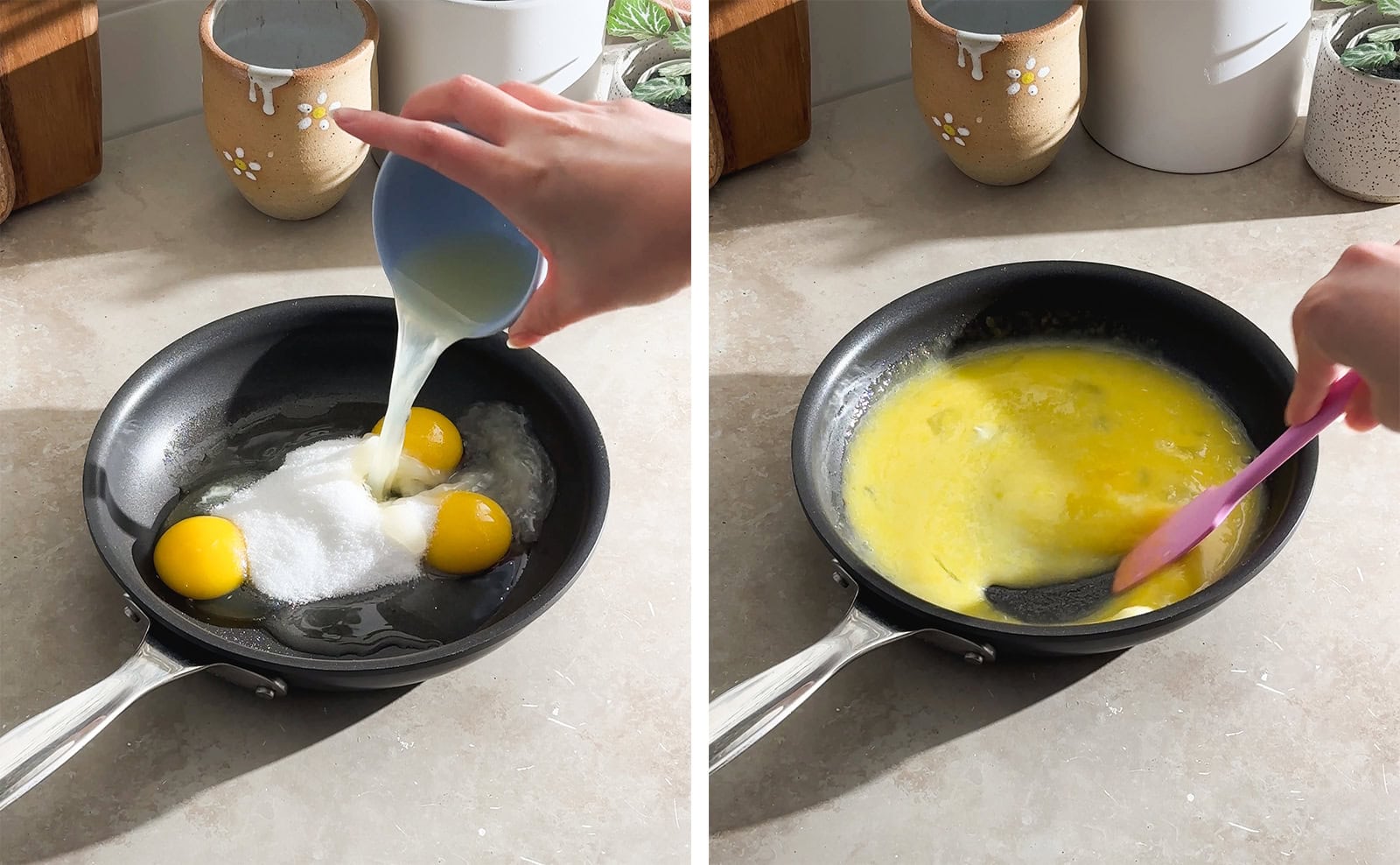 Left to right: hand pouring lemon juice into a pan of eggs and sugar, stirring lemon curd ingredients in a pan with a spatula.