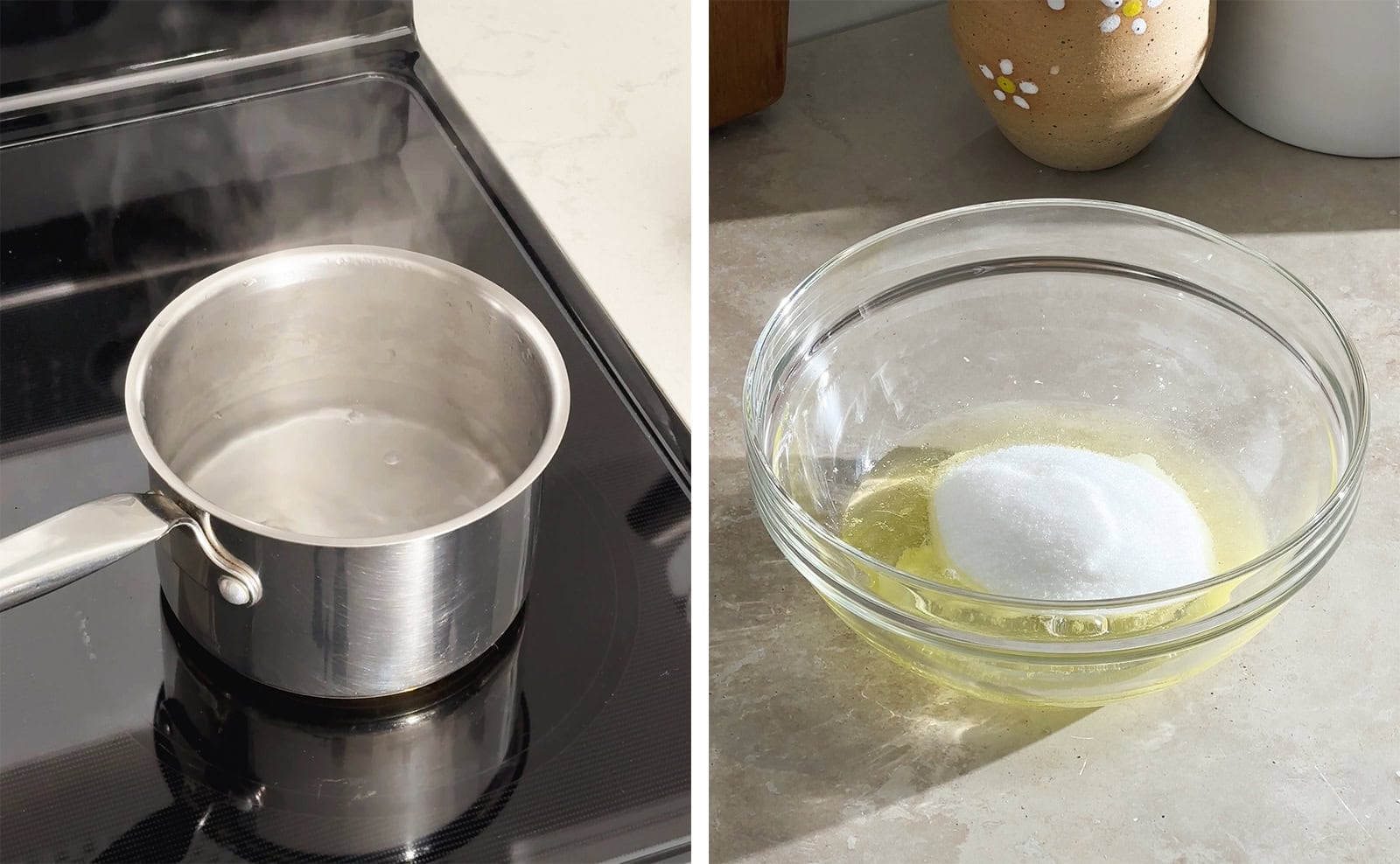 Left to right: a pot of boiling water on a stovetop, a mixing bowl full of egg whites and sugar.