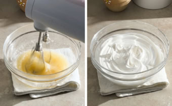 Left to right: beating egg white and sugar mixture with a hand mixer, meringue with stiff peaks in a bowl.