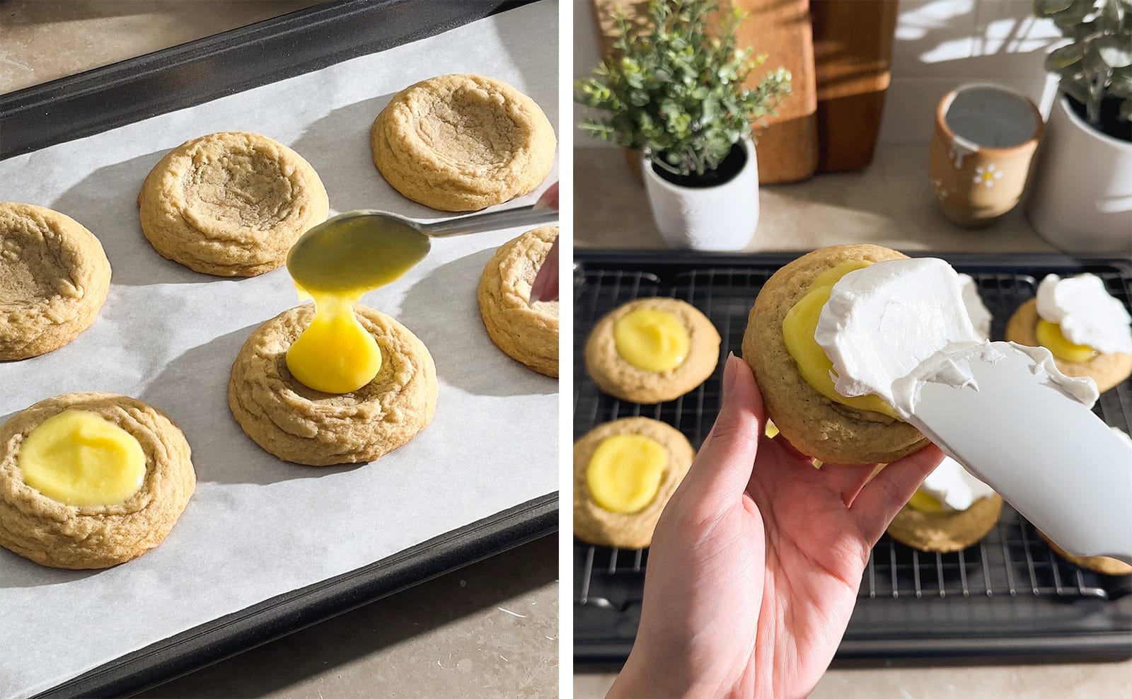 Left to right: dropping a spoonful of lemon curd on top of a cookie, smearing meringue on top of a cookie with a spatula.